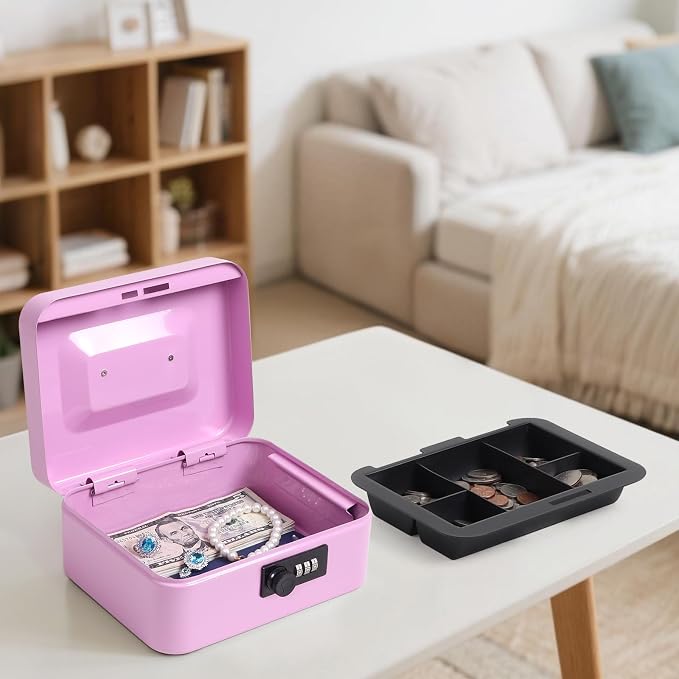 Jssmst Medium Cash Box with Combination Lock - Durable Metal Cash Box with Money Tray Light Purple,7.87 x 6.3 x 3.35 inches