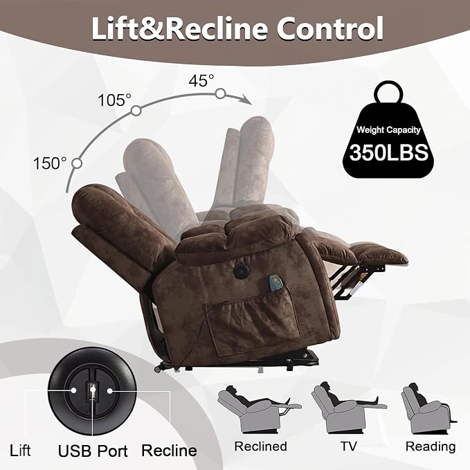 Power Lift Recliner Chair with Massage and Heat for Elderly, Overstuffed Wide Recliners, Heavy Duty and Safety Motion Reclining Mechanism with USB Ports, 2 Concealed Cup Holders, Chocolate
