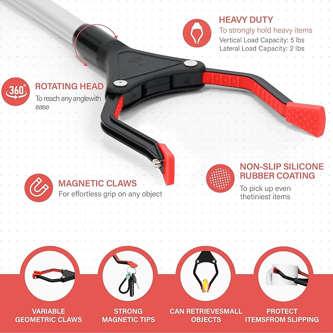 32 inch Foldable GrabRunner Reacher Grabber with Strong Magnetic Tip for Seniors, Disabled, After Surgery Recovery(Red)