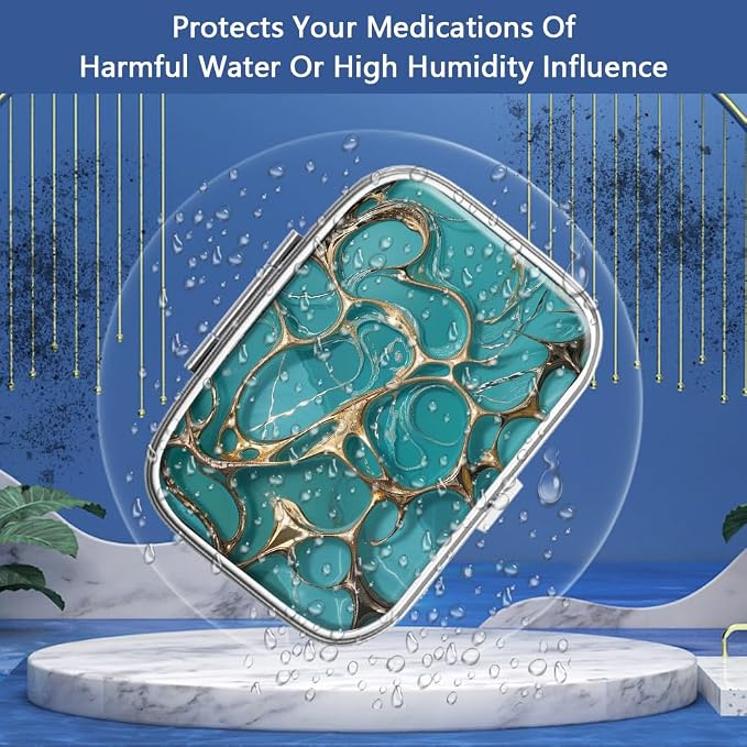 Pill Box 2 Compartment Small Pill Case,Portable for Pocket or Purse Pill Organizer Pill Container Holder to Hold Vitamins, Medication, Fish Oil and Supplements(Turquoise Green Marble)