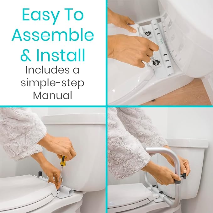 Vive Toilet Safety Rails for Seniors - Adjustable Grab Bars for Toilet - Toilet Safety Frame - Toilet Assistance for Elderly & Disabled - Toilet Seat with Handles - Bathroom Assist Bar Support Aid