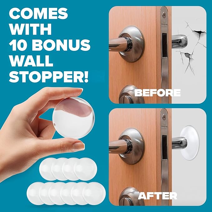 STRONGEST HOME Stoppers for Bottom of Door – Heavy Duty Metal Rubber Door Stopper, Non-Slip Door Stop for Heavy Doors, Works on Wood, Tile & Carpet Floors Folding Black 10 PCs + White Wall Protectors