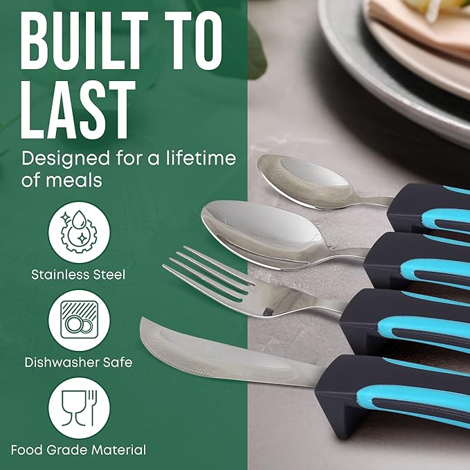 BUNMO Adaptive Utensils for Elderly, Arthritis, Weak Hand Grip & Handicapped - 4 Piece Set - Convenient Travel Pouch - Lightweight - Arthritis Gifts for Seniors Over 80 - Gifts for Disabled Adults