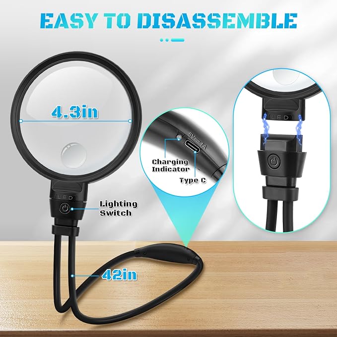 10X 30X Large Magnifying Glass with Light, Hands Free Magnifying Glass for Reading, 3 Color LED Lights Flexible Gooseneck Magnifier for Close Work Reading Sewing, 4.3in