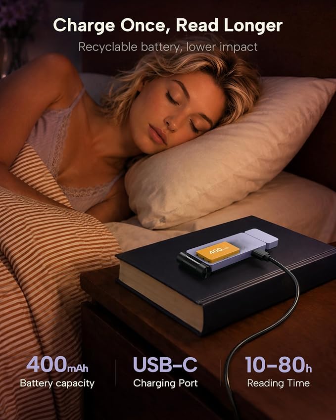86lux Book Light, Rechargeable Clip-On LED Reading Light for Bed | 3 Color Temperatures with Stepless Dimming, Ultralight Bookmark Design for Book Lovers, Purple