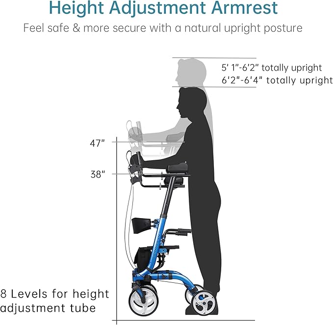 ELENKER Upright Walker, Stand Up Folding Rollator Walker Back Erect Rolling Mobility Walking Aid with Seat, Padded Armrests for Seniors and Adults, Blue