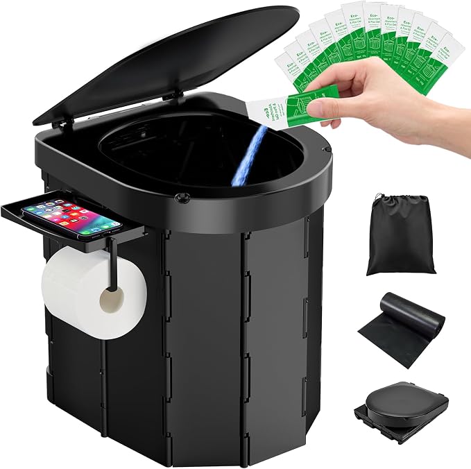 Portable Toilet,Camping Toilet,Portable Toilet for Adults | Foldable Toilet with Toilet Bags & Poo Gel,Phone Shelf and Paper Holder,for Camping,Outdoor, Hiking,Truck, RV, Beach