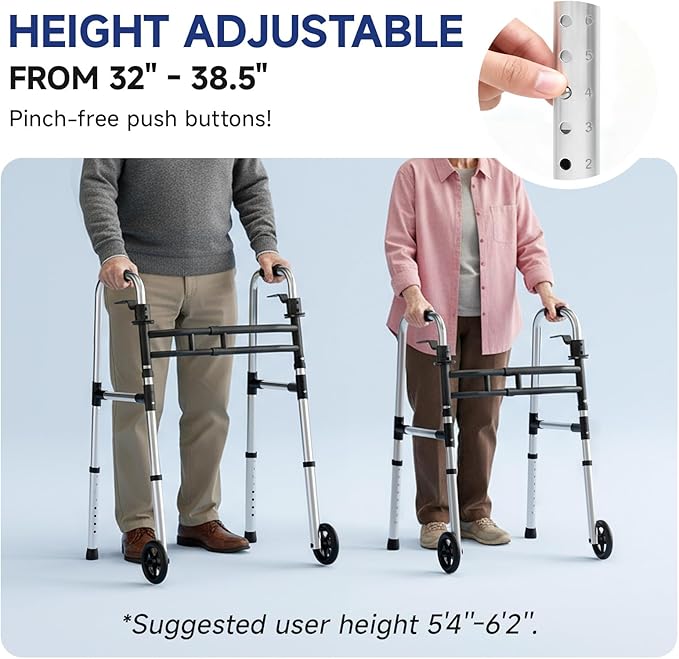 Walkers for Seniors Foldable, Aluminum Lightweight Walker with Wheels, Adjustable Height & Width Standard Walkers for Elderly & Disabled, 350 lbs Capacity, Silver