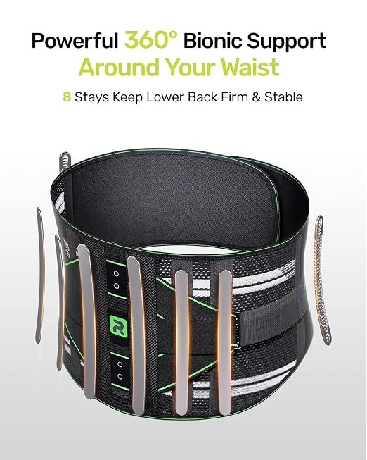 Rakiie Back Brace for Lower Back Pain Relief for Women Men, Elastic Back Support Belt with 8 Stays for Lfting at Work, Breathable Soft Lumbar Support with Removable 3D Compression Pad, Green Size XXL