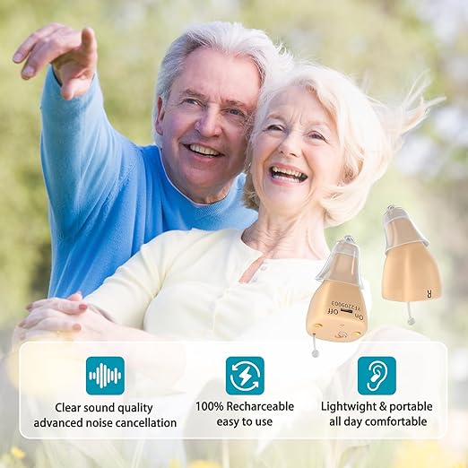Rechargeable Hearing Aids for Seniors with Noise Cancellation, OTC Hearing Aids Digital Chips for Clear Sound, CIC In-Ear Fit Comfortable & Invisible, Charging Case Volume Control, 1 Pair, Beige