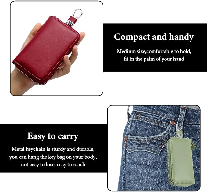 Leather Car Key Holder Bag, Unisex Key Fob Case with 6 Hooks, Zipper Closure Keychian Case Wallet for Smart Keys (Green)