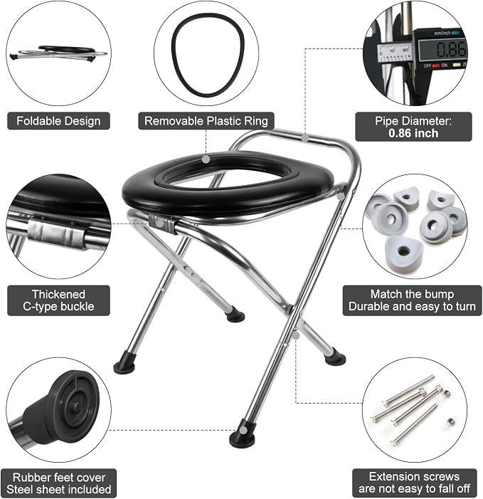 BLIKA Portable Toilet for Camping, 350LBS Stainless Steel Foldable Camp Travel Toilet with Soft Seat for Adults, 16.5-Inch Portable Toilet for Truckers, Camping, RV Travel, Road Trips, Outdoor Use