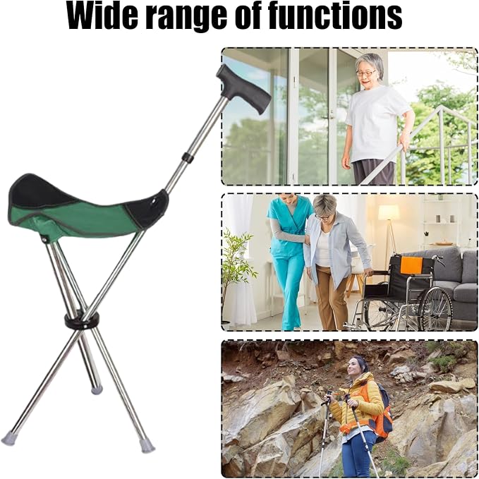 Cane with Chair - 50cm Oxford Cloth Walking Stick, Anti Slip Mobility Aid Stool, Fold Seat for Elderly Adults, Steel Frame Oxford Cloth Support | Portable Travel Hiking Camping Outdoor Convenient