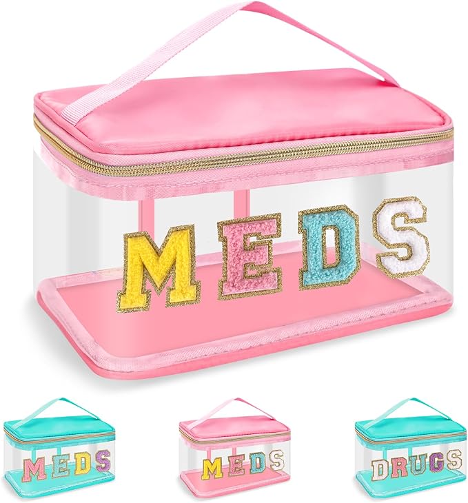 Clear Patch Letter Bag Medicine Drugs Pouch with Handle, Travel Chenille Letter Makeup Cosmetic Bag for Women Girls, Waterproof Nylon PVC Zipper Toiletry Meds Storage Case Stadium Bag(Pink, MEDS)
