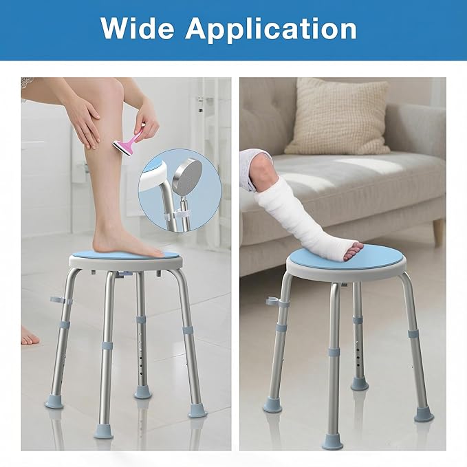 Swivel Shower Stool for Inside Shower, 360° Rotating Bath Stool with Non-Slip Seat Pad, Adjustable Shower Chair for Seniors with 6 Height Levels, Lightweight Seat Supports 300 lbs, Tool-Free Assembly