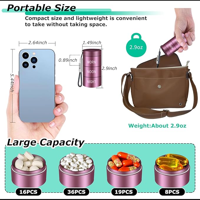 Aluminum Alloy Waterproof Pill Organizer 3 Times a Day,Moisture Proof Metal Pill Case,Small Daily Pill Holder for Purse,Portable Travel Pill Box Container to Hold Vitamins,Med, Supplements【Rose Gold】
