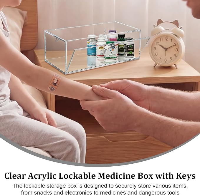 JUXYES Acrylic Clear Refrigerator Medicine Organizer Box with Lid and Lock for Wall and Tabletop - Transparent Medicine Storage Bin - Stackable Fridge Lockable Pill Container for Medical Supplies, L ﻿