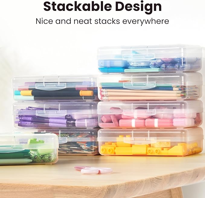 Sooez 6 Pack Pencil Box, Hard Pencil Boxes for School Supplies Bulk, Large Plastic Pencil Case with Lid, Clear Pencil Container, Stackable School Crayon Boxes Bulk for Kids