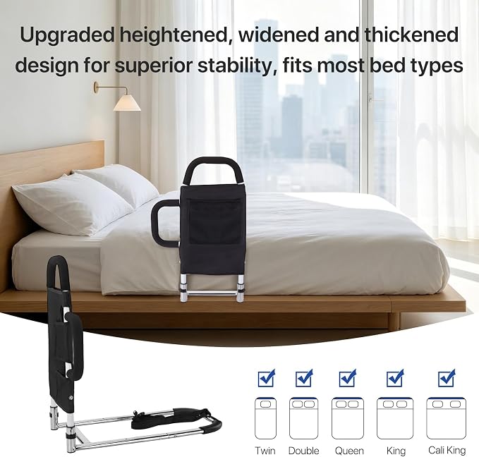 2026 Upgraded ASTM Approved Bed Assist Rail Adjustable 400 LBS Senior Bed Cane Anti-Slip Handle & Storage Pocket