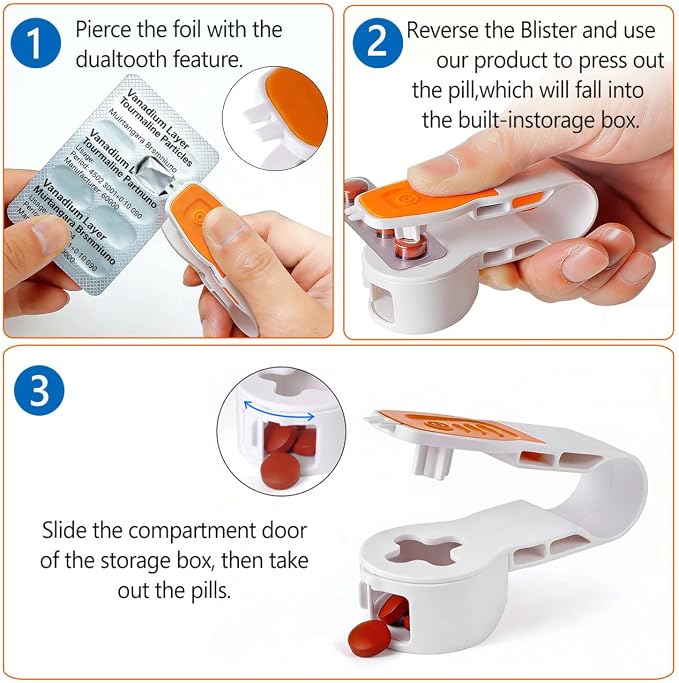 Pill Card Popper Portable Pill Popper Tool Pill Taker Remover Pill Splitter Pill Puncher Tool for Blister Packs Automatic Pill Dispenser A Tool for Assisting in the Removal of Pills(Blue and Orange)