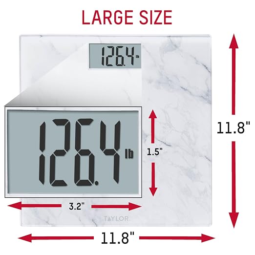 Taylor Digital Bathroom Scale for Body Weight, Glass Platform with Marble Design, 400 lb Capacity, Large Easy-Read Display, Precise Weight Tracking