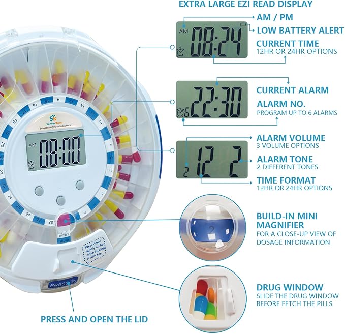 Senyerkare Automatic Pill Dispenser with Lock & Alert for Seniors/Dementia | Sound-Light Reminder, Up to 6 Alarms/Day, Medication Organizer with Clear Lid & LCD Display for Elderly, Caregivers