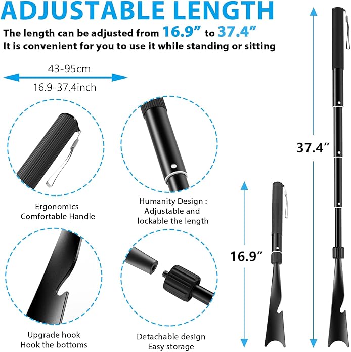 Shoe Horn Long Handle, 16.9'' - 37.4'' Telescopic Metal Shoe Horn with Trouser Hook and Sock Removal Aid, Adjustable Long Shoehorn for Seniors Men Women Kids