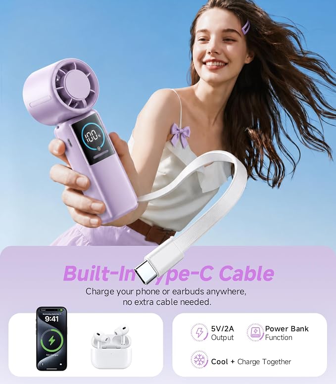 Turbo Portable Handheld Fan, 15000mAh Rechargeable Personal Fan for Travel | 15m/s Foldable Neck Fan with 100 Speeds, Up to 50H Runtime, Built-in USB-C Output and Display for Concerts and Outdoors