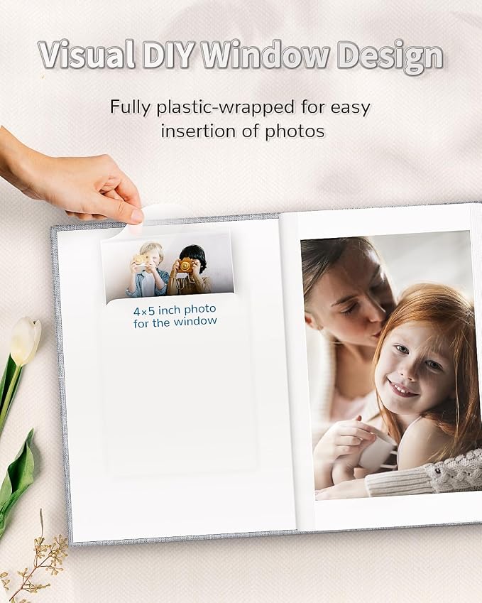 Artfeel Photo Album 4x6 with 100 Pockets,Slip-in Picture Albums,Linen Cover Memory Book with Front Window,White Page Vertical Photo Book for Wedding,Family,Anniversare,Baby,Vacation