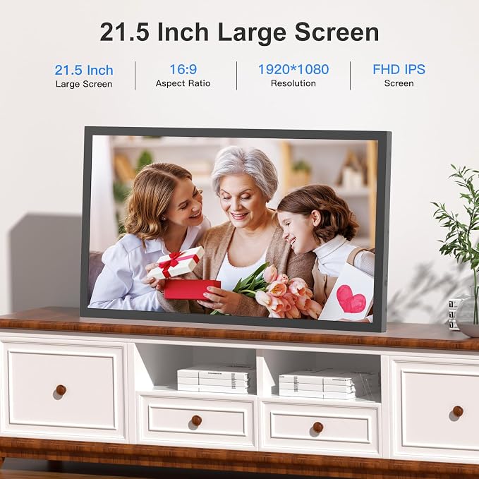 21.5 inch Large Digital Picture Frame Digital Photo Frame WiFi - 64GB, IPS FHD, Auto Rotate, Load Photos Videos from Phone via App Email, Free Cloud, Wall Mounted, Gift for Family, No Touchscreen