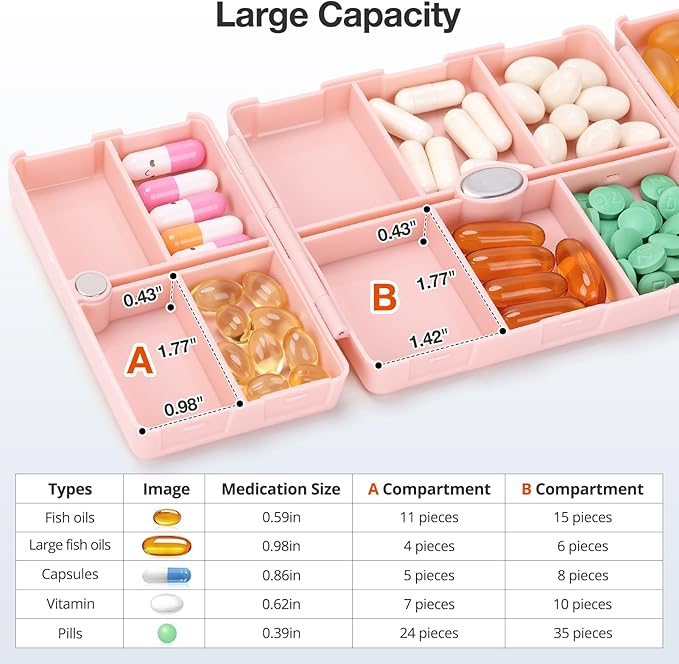 FYY Weekly Pill Organizer 2 Times a Day, Magnetic Travel Pill Box AM PM with Easy Open – 7-Day Daily Pill Case Medicine Organizer for Vitamins,Supplements - Pink