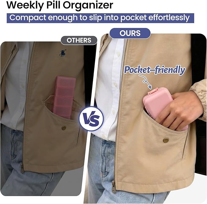 NEW Foldable Weekly Pill Organizer Large,Cute & Portable Pill Box 7 Day 1 Time a Day,8 Grids with Excess Space for Emergency Use,Daily Travel Pill Case Holder Dispenser for Vitamin,Supplement- Pink