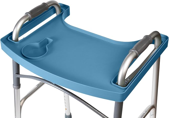 Sigo Blue Walker Tray for Rolling Folding Walker, Tray Table with Cup Holder for Standard Walkers Seniors, Detachable Non Slip TV Accessories Basket Holding Plate Cups Clip On Small Bag Carrier (Blue)