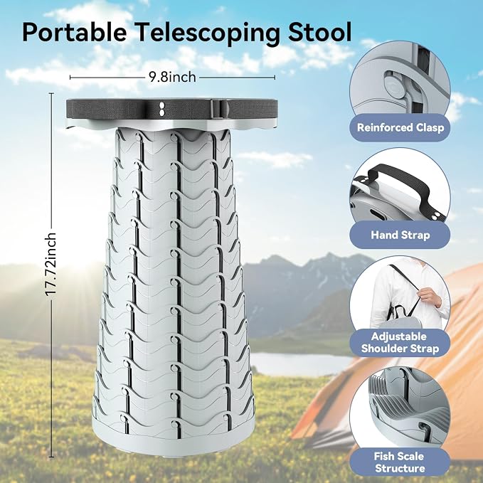 2026 Upgraded Collapsible Stool, Portable Folding Stool, Telescoping Camping Stool with Max Load Capacity 485lbs, Square Retractable Stool for Camping Gardening Fishing Hiking BBQ [Cyan]