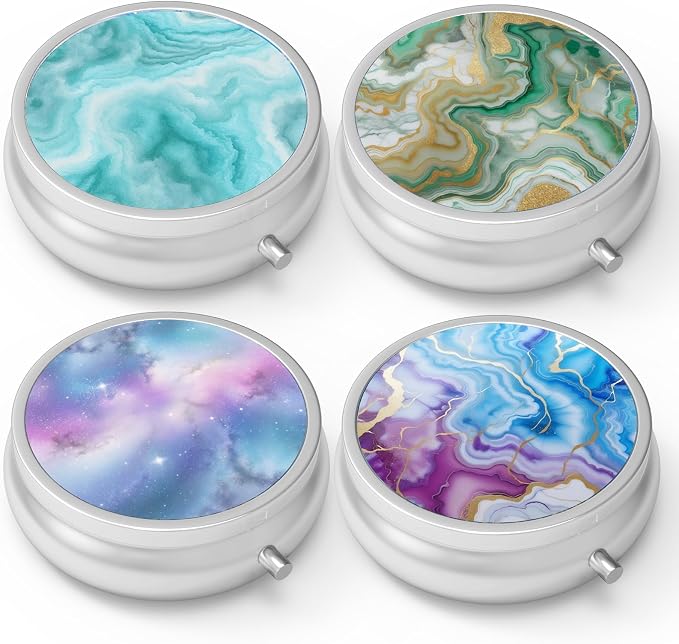 Pill Box 3 Compartment Medicine Pill Case,Portable Pill Box for Pocket or Purse Pill Box Decorative Metal Medicine Vitamin Organizer Unique Gift(4PCS)…