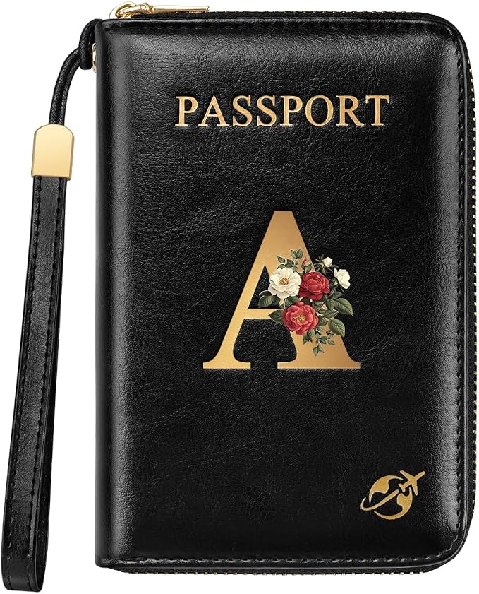 Passport Holder for Travel Personalized Wallet with Wristlet Women | Passport Cover, RFID Blocking, Passport Book Holders, Back Coin Pocket, Zipper Closure, Roses Initial Letter, Black A