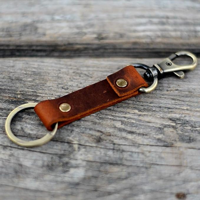 Genuine Leather Keychain Walnut Leather Key Holder Mens Belt Key Chain Ring Fob