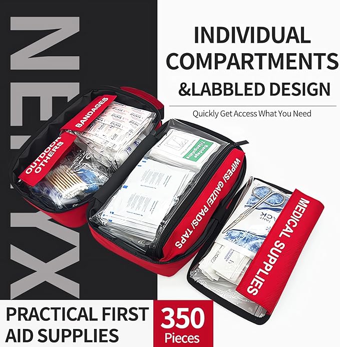NENYX 350 Piece First Aid Kit for Car, Home, Travel, Camping, Truck, Hiking, Sports, Office, Vehicle & Premium Waterproof Compact Trauma Medical Kits (Red)