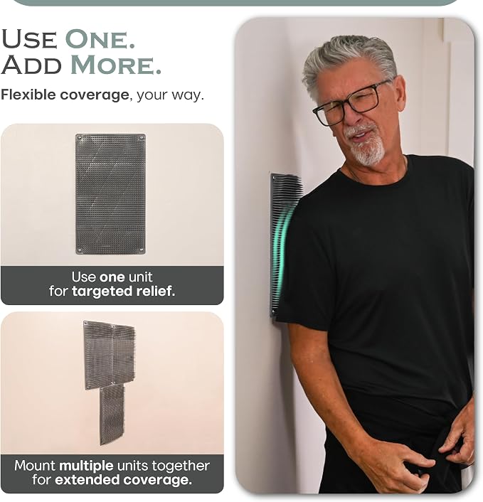 Backscratcher – Extra-Large Wall-Mounted Back Scratcher for Men & Women with Extra-Firm Bristles – Hands-Free Relief for Back, Head, Shoulders - Shirt On - Grey
