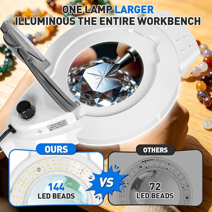 KIRKAS 12X LED Magnifying Lamp with Clamp, 2,200 Lumens Dimmable Bright | 35in Adjust Swivel Arm Magnifying Glass with Light for Repair Reading Craft Needlework Workbench Magnifier Dust Cover White
