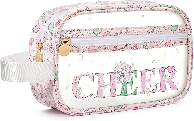 COSHAYSOO Clear CHEER Makeup Bag Cheerleader Team Gifts Cheerleading Hair Skincare Cosmetic Accessories Organizer for College Women Teen Girls, Small Waterproof Travel Pouch for Purses Backpack Tote