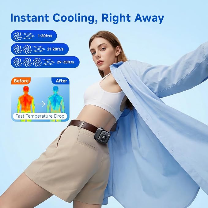 Portable Waist Fan, Rechargeable Wearable Mini Fan with LED Display, 3 Speeds, 3000mAh Battery, 10H Runtime, Turbo Airflow, Clip on Belt/Shirt/Hat, Neck Fan for Outdoor, Gift for Women Men-2 PACK