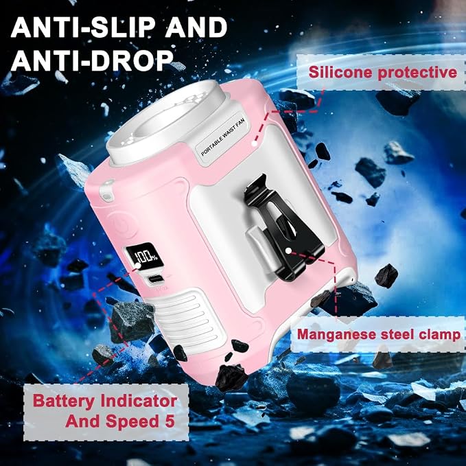 CAZOKASI 2024 Upgrade 10000mAh Waist Clip Portable Personal Body Fan - Powerful Upto 40H Cooling and Heatstroke Prevention (Gray and Orange, Pink White)