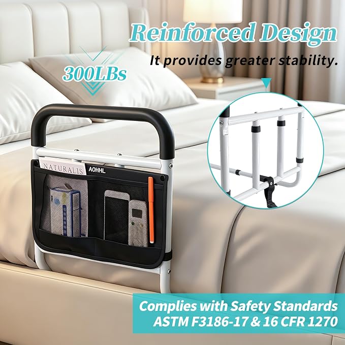 AOHHL Bed Rails for Elderly Adults Safety Adjustable Heights Storage Pocket Assist Support Side Railings for Seniors Citizens Slides Under Mattressbed Cane Bed Guard Bed Handles Bars