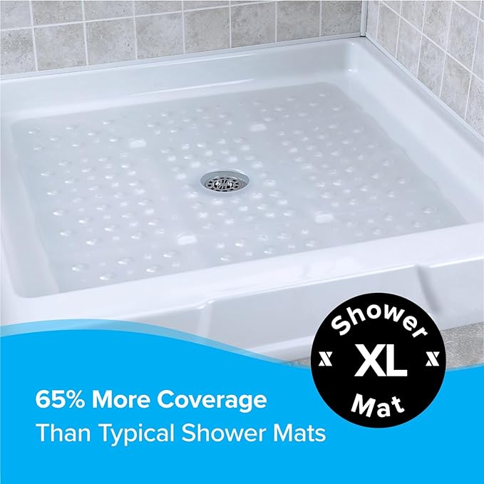 SlipX Solutions 27" Oversize Square Shower Mat, Non-Slip Mat for Elderly & Kids, 100+ Power Grip Suction Cups for Smooth Surfaces, Machine Washable, White Pearl