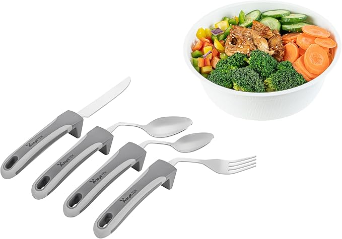 Restaurantware Adaptive Cutlery Set - 1 Set 9.84 x 5.12 x 1.57 Inches - Non-Slip Ergonomic Dining Utensils With Textured Handle - Stainless Steel Gray