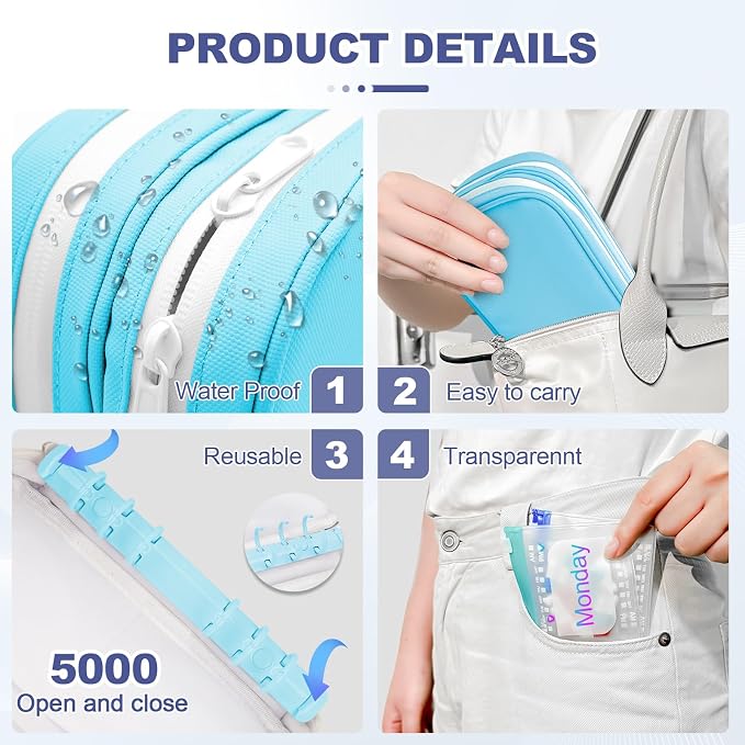 Timueetech XXL A6 Pill Organizer, 28 BPA-Free Medication Pouches for A6 Binders, Large Monthly Waterproof Storage System with Double-Compartment Travel Case, Blue