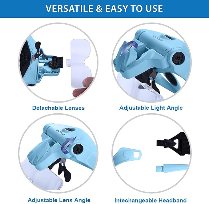 YOCTOSUN Magnifying Glasses with Light for Close Work, Head Magnifier with 5 Interchangeable Lenses and 2 LED Lights, Hands Free Head Mount Magnifying Glass for Crafts, Cross Stitch, Jewelry