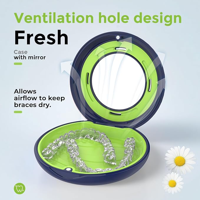 HEMILAB® Retainer Case, Slim Aligner Case with Mirror, Compatible with Invisalign, Cute Retainer Orthodontic Box with Vent Holes, Blue