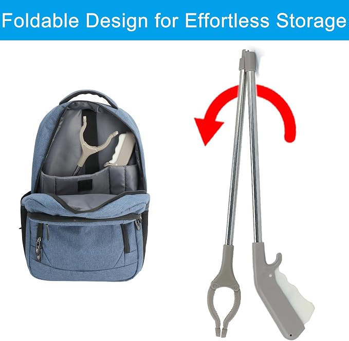 2 Pack Stainless Steel Grabber Reacher Tool, 32" Foldable & 16" Rigid Short Reacher, 360° Rotating Jaw Heavy Duty Trash Picker, Durable Pickup Tool for Seniors, Home & Garden (Gray)